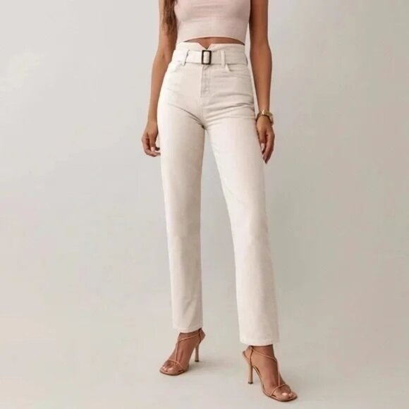 Reformation Cynthia Belted High Rise Straight Jeans Khaki/Off-White Size 29